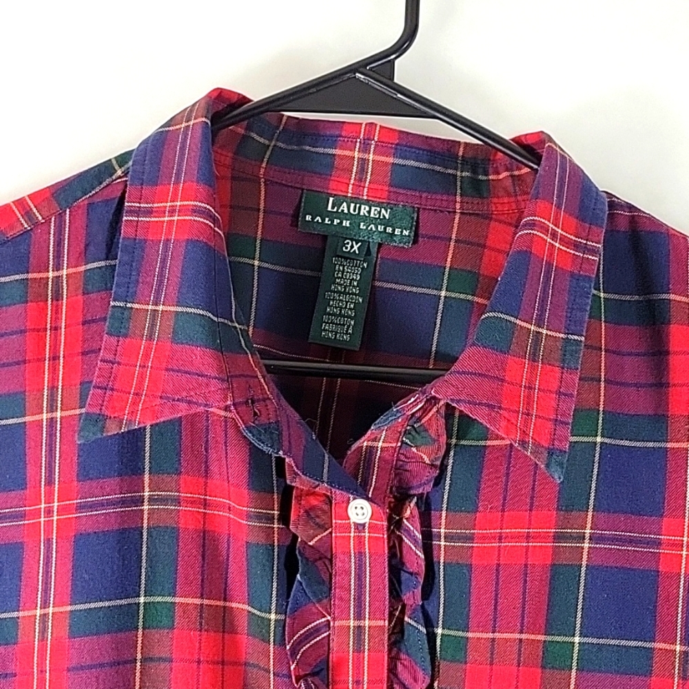 Lauren Ralf Lauren Ruffle Front Plaid Shirt Size 3X - Picture 3 of 8
